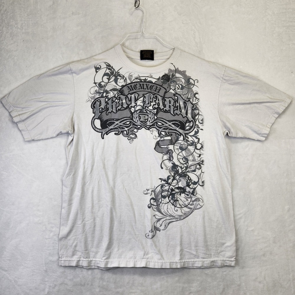 Phat Farm Mens 3XL White‎ Graphic T-Shirt Y2K Streetwear MCMXCII Gothic Scroll